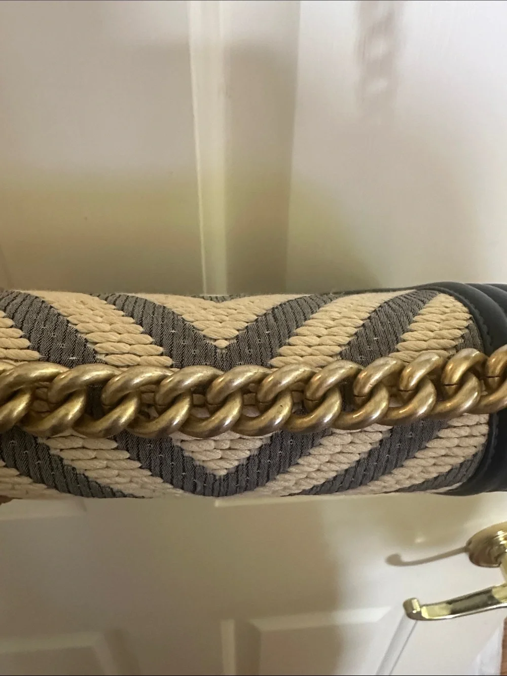 CHANEL small blue & Cream Chevron and Leather Boy Crossbody